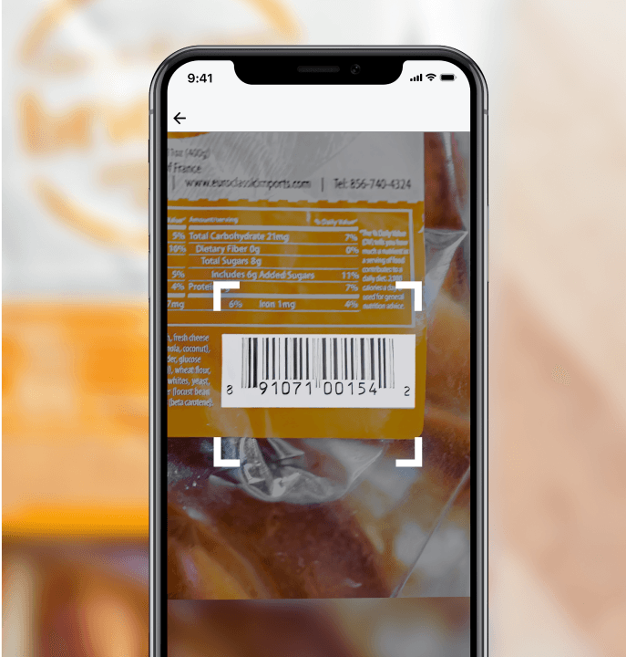 Phone scanning barcode from food package.